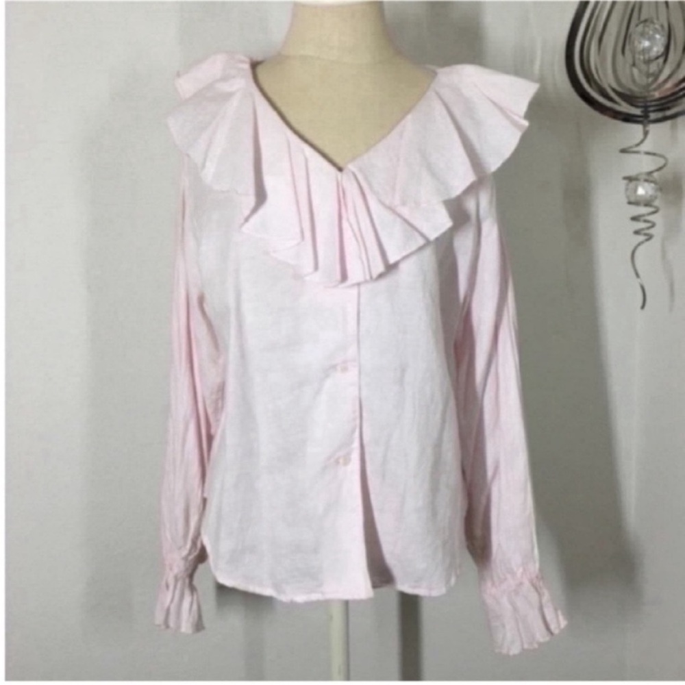 Women’s Pink Ruffle V-Neck Button Front Top